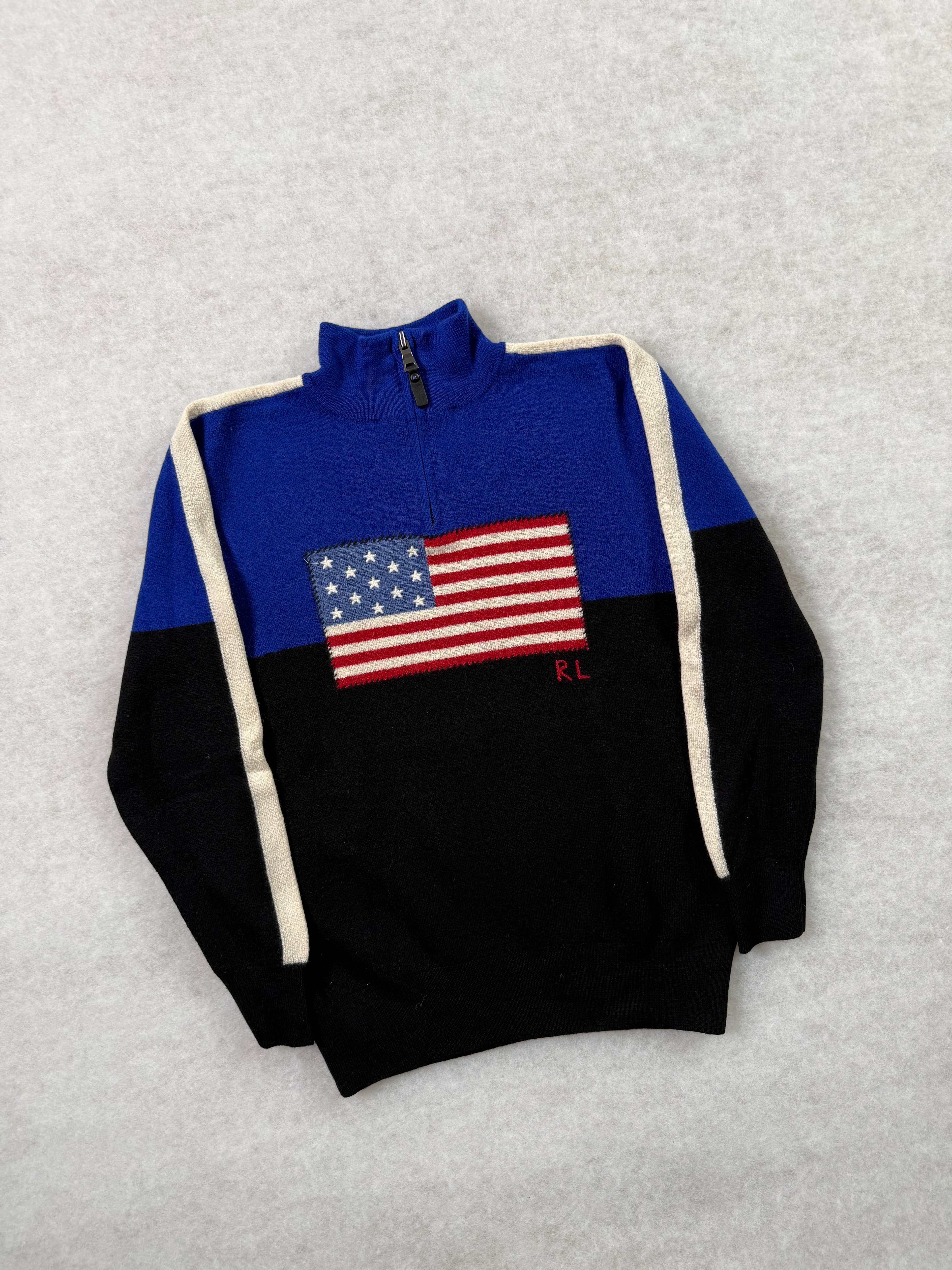 Ralph Lauren Half Zip Strickpullover mit USA Flagge