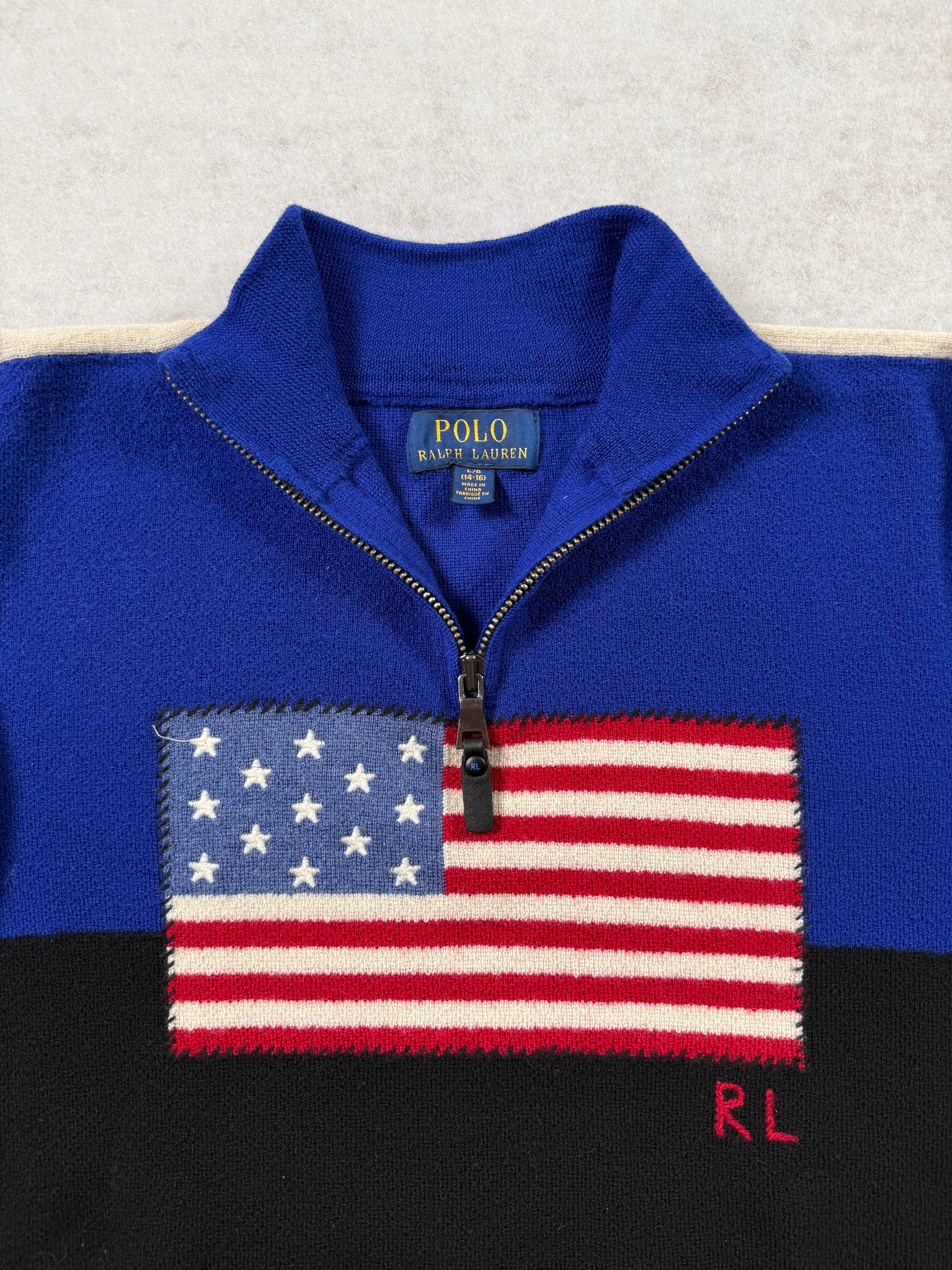 Ralph Lauren Half Zip Strickpullover mit USA Flagge